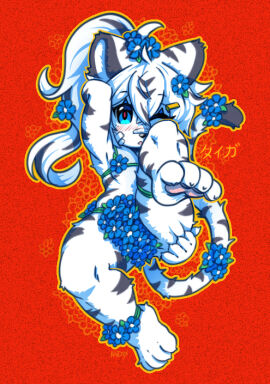 adorable adorable_face ass ass_grab blush covered_anus covered_nipples covered_penis cute cute_face flower flower_bikini flowers furry furry_ass furry_tail japanese_text koud3x nails nude otokonoko pendant ponytail red_background shortstack shy striped striped_body striped_fur stripes taigaxholic tiger tiger_ears tiger_girl toe_beans toe_claws