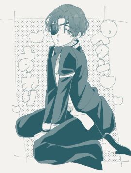 1boy bottomless_male boy chinese_clothes cute_male earrings eyepatch femboy femboysub heat karate male male_only monochrome red_hair solo suo_hayato sweet twink wind_breaker windbreaker