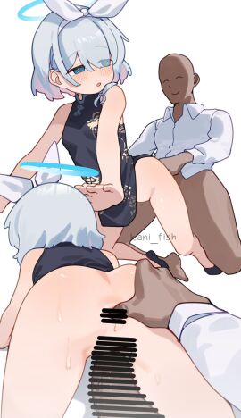 ak4ci anal_fingering anus arona_(blue_archive) artist_name ass bald bar_censor bare_arms bare_shoulders black_dress blue_archive blue_eyes blue_halo blush bow_hairband censored censored_anus china_dress chinese_clothes clothed_sex commentary cosplay doggy_style dragon_print dress erection female fingering grabbing_another's_ass groping hairband halo highres kani_fish kisaki_(blue_archive)_(cosplay) male multiple_views no_panties open_mouth paid_reward_available pelvic_curtain penis print_dress sensei_(blue_archive) sex sex_from_behind short_hair sleeveless sleeveless_dress spread_anus straight sweat watermark white_hair white_hairband young