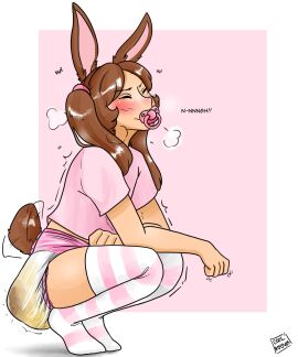 bunny_ears bunny_girl bunny_tail closed_eyes coolhooves diaper female grunting light-skinned_female light_skin messy_diaper multicolored_stockings pacifier pink_shirt pink_stockings scat wagging_tail wet_diaper