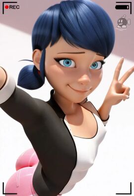1girls 3d 3d_(artwork) artist_logo ass blue_eyes blue_hair blush camera_pov clothed clothed_female disney female fully_clothed light-skinned_female light_skin looking_at_viewer low_pigtails marinette_dupain-cheng miraculous:_tales_of_ladybug_and_cat_noir miraculous_ladybug nervous nervous_smile nipple_bulge nipples_visible_through_clothing non-nude peace_sign selfie selfie_pose smile smiling_at_viewer solo solo_female v_sign warbomber