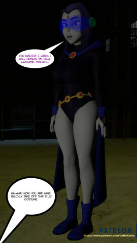 3d black_leotard dc dc_comics english_text female hypnosis latinkaixa leotard mind_control raven_(dc) speech_bubble teen_titans web_address