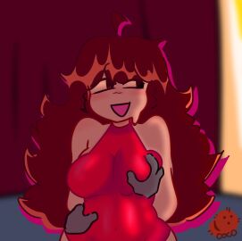 1girls anon big_breasts breasts clothed color disembodied_hand distracted female friday_night_funkin girlfriend_(friday_night_funkin) groping groping_breasts hands_behind_back looking_right nervous solo solo_focus stage sweat tagme