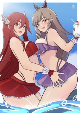 2girls :d alternate_costume armpits asymmetrical_docking bangs bare_arms bare_midriff bare_thighs bikini bikini_skirt breast_press breasts brown_eyes brown_hair cordelia_(fire_emblem) cordelia_(fire_emblem)_(cosplay) cosplay female female_only fire_emblem fire_emblem_awakening fire_emblem_heroes food frills hair_between_eyes hair_ornament ice_cream ihsnet large_breasts long_hair looking_at_viewer medium_breasts midriff multiple_females multiple_girls navel nintendo ocean official_alternate_costume open_mouth outdoors partially_submerged purple_bikini purple_swimsuit red_bikini red_eyes red_hair red_swimsuit smile sumia_(fire_emblem) swimsuit thighs very_long_hair