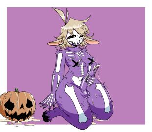 anthro beasheep7 big_ears bodily_fluids bovid breasts caprine clothing cum cum_drip dripping ejaculation female food food_fetish food_play fur genital_fluids genitals halloween holidays hooves jack-o'-lantern legwear male mammal masturbation nails orgasm orgasm_face penis shalp_sheep_(beasheep7) sheep solo thigh thigh_highs