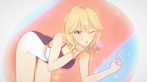 1girls bent_over blonde_hair breasts classroom_of_the_elite competition_swimsuit drill_hair female heart index_finger_raised koikatsu long_hair looking_at_viewer notpistol one-piece_swimsuit one_eye_closed open_mouth purple_eyes solo sparkle swimsuit tsubaki_sakurako youkoso_jitsuryoku_shijou_shugi_no_kyoushitsu_e