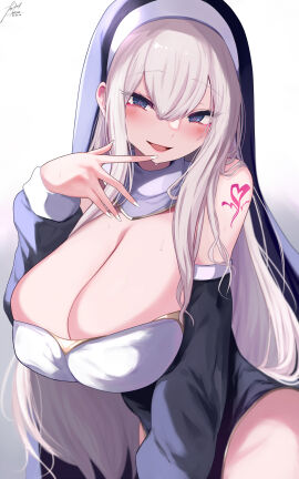 blonde_hair blue_eyes blush breasts cleavage dress female habit highres huge_breasts long_hair looking_at_viewer nail_polish nun original smile solo tattoo yuzuki_himuka