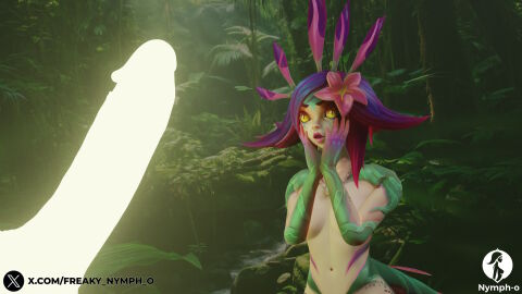 3d artist_logo artist_name blue_hair cock cock_shock cock_worship curious erection female forest glowing_genitalia glowing_penis hair_flower hair_ornament horny_female imminent_fellatio imminent_oral jungle large_penis league_of_legends male naked naked_female necklace neeko nymph-o open_mouth outdoors penis penis_awe riot_games straight uncensored yellow_eyes