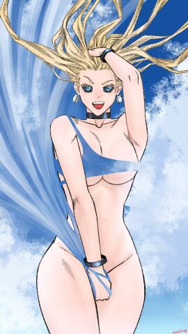 black_sclera blonde_hair blue_eyes bracelet choker colored_sclera earrings female forehead highres honexstage jewelry jujutsu_kaisen nude thighs uro_takako