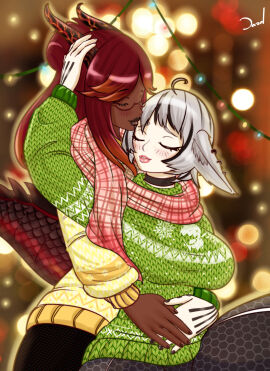 animal_ears big_breasts breasts cat_ears cat_girl catgirl christmas christmas_clothing christmas_outfit dark_skin dazol dragon_girl dragon_tail female horn horns huge_breasts humanoid large_breasts light-skinned_female light_skin lipstick long_hair multicolored_hair original original_character pierced_ears piercings scarf short_hair sweater tagme tail