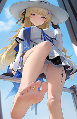 absurdres bare_legs barefoot black_gloves blonde_hair blush breasts commentary dress female foot_focus gloves hat highres holding holding_unworn_clothes holding_unworn_hat impossible_clothes impossible_dress leaning_back long_hair long_sleeves looking_at_viewer looking_down medium_breasts open_mouth outdoors paid_reward_available phoebe_(wuthering_waves) purple_eyes redshark_(t373412) skirt soles solo standing standing_on_one_leg tacet_mark_(wuthering_waves) teeth toes unworn_hat unworn_headwear white_dress white_hat white_skirt wuthering_waves