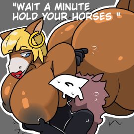 arty_(ascendedarty) ass avian big_breasts big_butt bird blonde_hair breasts corvid devinlarge2 dialogue duo ear_piercing ear_ring equid equine female fiona_maray hair hi_res hoop_ear_ring lips male male/female mammal oscine passerine piercing ring_piercing thick_lips