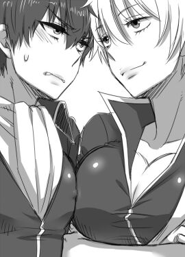 annoyed big_breasts blush breast_envy breast_press breast_size_difference breasts canon_genderswap cleavage close-up crossed_arms eye_contact female female_only fully_clothed genderswap genderswap_(mtf) ginko_sakata gintama gintoki_sakata hijikata_toshiro inukkoro looking_at_another monochrome nipple_bulge no_bra popped_collar rule_63 shinsengumi_(gintama) small_breasts smile smirk smug sweatdrop upper_body