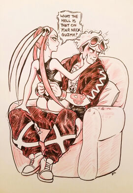 1boy 1girls bondage dialogue female femdom guzma_(pokemon) hickey male plumeria_(pokemon) pokemon team_skull