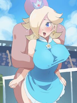 1boy 1girls 3:4 animated arms_held_back big_breasts blonde_hair blue_dress blue_eyes boris_(noborhys) bouncing_breasts breasts clothed_female_nude_male covered_erect_nipples covered_nipples crown dress erect_nipples_under_clothes faceless_male female from_behind huge_breasts large_breasts light-skinned_female light_skin male mario_(series) mario_tennis nipple_bulge open_mouth princess princess_rosalina princess_rosalina_(tennis) restrained royalty sex sex_from_behind standing standing_sex straight super_mario_galaxy tennis_uniform vertical_video
