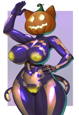 black_body black_fur black_skin breasts epic_games feline female fortnite halloween huge_breasts mrcrazyp3 object_head orange_nipples pumpkin pumpkin_head pussy solo spice_(fortnite) spread_legs tail thick_legs thick_thighs
