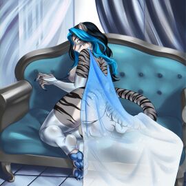 absurd_res anthro armwear black_hair blue_body blue_highlights blue_vulva breasts bridal_gauntlets clothing collar curtains felid feline female freyja_(freyjatigress) fur furniture grey_body grey_fur hair hi_res highlights_(coloring) kirsenter legwear looking_back mammal nipple_chain nipple_piercing nipples pantherine pawpads paws piercing sofa solo solo_focus stockings striped_body striped_fur stripes tiger translucent translucent_clothing