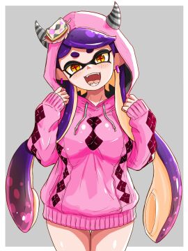 +_+ 1girls blush breasts callie_(splatoon) earrings fangs female hood horns inkling inkling_girl jewelry large_breasts long_hair long_sleeves looking_at_viewer nintendo open_mouth pointy_ears solo solo_female solo_focus splatoon splatoon_(series) sweater t2ukmyjm teeth tentacle tentacle_hair thighs tongue twintails two-tone_hair yellow_eyes