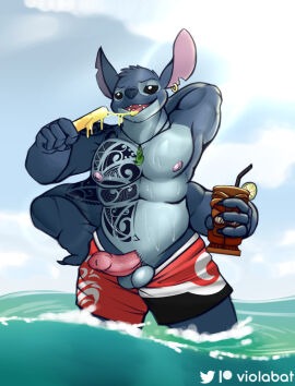 4_arms alien balls balls_out beach blue_fur boner hawaiian hawaiian_tropic himbo_stitch holding_drink ice_pop male male_only multi_arm multi_limb necklace ocean penis penis_out popsicle stitch_(lilo_and_stitch) swimming_trunks tattoos viola_bat water