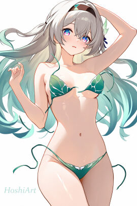 1girls bikini_top breasts embarrassed female firefly_(honkai:_star_rail) honkai:_star_rail medium_breasts swimsuit torn_clothing wardrobe_malfunction