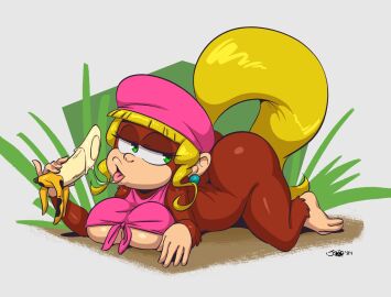 1girls anthro ass banana bangs blonde_hair blunt_bangs breasts bubble_ass bubble_butt dixie_kong donkey_kong_(series) donkey_kong_country earrings female female_only green_eyes haplorhine hi_res joaoppereiraus long_hair looking_at_viewer lying lying_on_stomach mammal monkey monkey_girl narrowed_eyes nintendo ponytail primate saliva_trail solo underboob