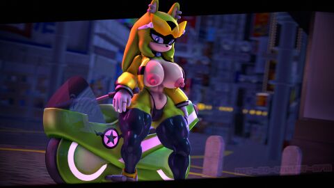 3d 3d_(artwork) 3d_model abs anthro areolae big_breasts blue_eyes breasts breasts_out female female_only green_fur idw_comics idw_publishing jacket kabalmystic_(style) looking_at_viewer mobian mobian_(species) mobian_tenrec motorcycle nipples not-so-violet-sfm pose sega shades sonic_(series) sonic_the_hedgehog_(comics) sonic_the_hedgehog_(idw) sonic_the_hedgehog_(series) string_bikini surge_the_tenrec