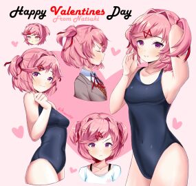 1girls 5_fingers accurate_art_style anger_vein artist_name breasts bruuno bruunoscp collarbone doki_doki_literature_club english_text female female_focus hair_intakes heart hearts holidays natsuki_(doki_doki_literature_club) navel navel_visible_through_clothes petite pink_eyes pink_hair pout pouting school_swimsuit sideboob solo_focus swimsuit swimwear text twitter_username valentine valentine's_day valentines_day young