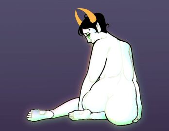 ass barefoot crying female from_behind glowing homestuck homestuck_oc homestuck_troll horns naked nude short_hair sitting soldierexclipse solo