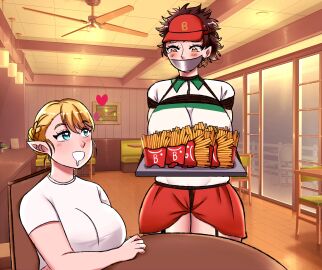 2girls baseball_cap blonde_female blonde_hair blue_eyes blush blushing blushing_female bondage braided_hair breasts ceiling_fan chair clothed clothed_female commission commission_art commissioner_upload crotch_rope drool drooling ear_ring earrings elf elf-san_wa_yaserarenai elf_ears elf_female elfuda fast_food female french_fries fries gagged gagged_female huge_breasts long_hair plus-sized_elf satero serving_food serving_tray shibari_over_clothes shirt short_hair sitting sitting_at_table sitting_on_chair table tagaen810 tagme tape tape_gag taped_mouth yellow_eyes