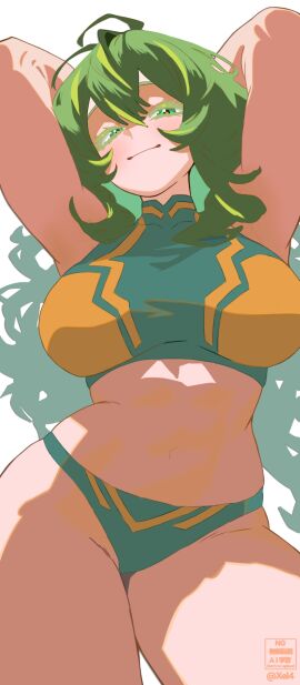 1girls armpits arms_behind_head breasts buruma female green-haired_female green_eyes green_hair hagakure_toru hair_between_eyes highres large_breasts long_hair messy_hair midriff my_hero_academia my_hero_academia_(finale) simple_background tagme tooru_hagakure tooru_hagakure_(post-timeskip) tooru_hagakure_(visible) white_background xel4