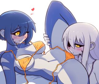 2girls anthro bikini black_sclera blue_hair blush breasts carpinchor cute female heart leg_grab long_hair marine mora_(carpinchor) naomi_(carpinchor) navel on_back one_eye_closed one_leg_up original purple_bikini shark shark_humanoid short_hair smile spread_legs tagme thighs white_hair yellow_bikini yellow_eyes yuri