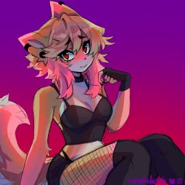 anakoluth anthro anthro_female belly big_breasts black_clothing black_topwear blonde_female blonde_hair blush breasts canine choker cleavage clothing crop_top curly_tail dog_girl female fingerless_gloves fishnet_legwear fishnets furry furry_female gloves looking_at_viewer medium_hair panties piercings pink_highlights red_eyes sitting tail thigh_highs thighs