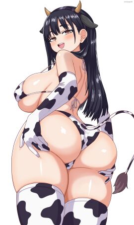 1girls absurdres animal_ears animal_print ass ass_support back bikini black_hair blush boku_no_kokoro_no_yabai_yatsu bovine breasts brown_eyes commentary_request covered_erect_nipples cow_ears cow_horns cow_print cow_print_bikini cow_print_gloves cow_print_thighhighs cow_tail eclyart elbow_gloves female female_only from_behind gloves groping_own_ass highres horns large_breasts long_hair looking_at_viewer open_mouth print_bikini print_gloves print_thighhighs seductive_smile sidelocks smile solo solo_female standing swimsuit tail thighhighs thighs white_background white_bikini white_gloves white_thighhighs wide_hips yamada_anna
