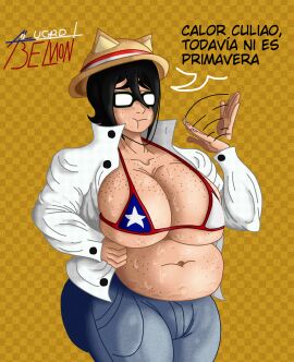 1girls alu-chan alucard_belmont artist_signature bbw belly belly_button big_belly black_hair breasts chile chilean_flag chilean_flag_bikini exposed_belly exposed_torso female female_only freckles freckles_on_belly freckles_on_breasts glasses jeans open_clothes open_shirt plump pout pouting short_hair simple_background simple_shading sole_female spanish_text straw_hat sweat sweating text