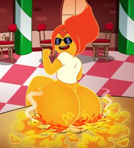 1girls 2d 2d_(artwork) adventure_time ass big_ass big_butt biting_lip bottomless cartoon_network fart fart_cloud fart_fetish farting fat_ass fat_butt female flame_princess huge_ass huge_butt looking_at_viewer looking_back looking_back_at_viewer open_mouth orange_skin pizza rear_view red_hair sitting_on_food snail_(adventure_time) solo solo_focus sunglasses text thick_ass thick_butt thomzone warner_brothers