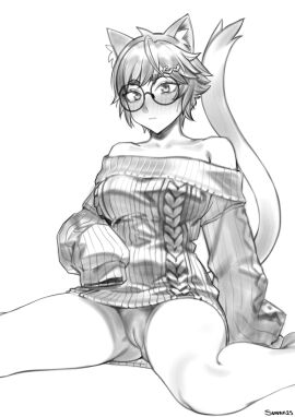 absurdres animal_ears bare_shoulders blush cat_ears cat_girl cat_tail cleft_of_venus closed_mouth female glasses greyscale hair_ornament hairclip highres looking_at_viewer monochrome nilsunna off-shoulder_sweater off_shoulder original pussy round_eyewear short_hair simple_background sitting sleeves_past_fingers sleeves_past_wrists solo sweater tail uncensored white_background