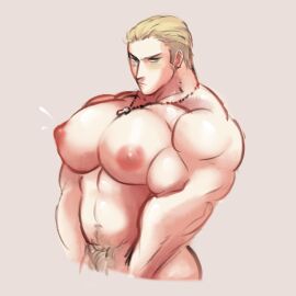 1:1 2d 2d_(artwork) axis_powers_hetalia b33falo bara big_areola big_muscles big_pecs blonde_hair blue_eyes breasts digital_media_(artwork) gay germany_(hetalia) huge_pecs ludwig_weillschmidt male male_boobs male_only male_with_breasts moobs muscles muscular muscular_male necklace pecs pubic_hair slicked_back_hair yaoi