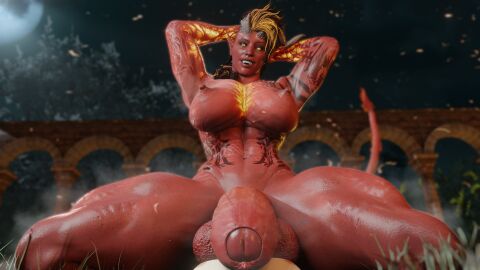 1futa 3d baldur's_gate baldur's_gate_3 dungeons_and_dragons foreskin futa_only futanari hands_behind_head horn huge_cock intersex karlach kaylzara muscular muscular_futa penis red_skin solo taker_pov tiefling uncircumcised