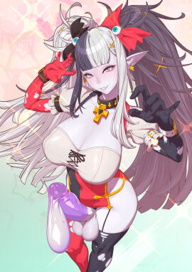 1futa ass balls ballsack bangs belt belts big_balls big_booty big_breasts big_penis black_gloves black_hair black_ribbon black_stockings breasts character_request clothed clothing cock condom covered_nipples covering_breasts cross cross_earrings cross_necklace cum cum_inside cummming dick dickgirl dual_colored_hair ejaculation erect_penis erection eyewear filled_condom futa_only futanari hands-free handsfree_ejaculation hard_cock hard_penis high-angle_view highres humanoid humanoid_penis intersex long_hair mostly_clothed necklace neckwear penis pink_eyes pointy_ears purple_condom purple_skin red_gloves red_ribbon red_stockings ribbon ribbons smile smiling smiling_at_viewer solo standing stockings thick thick_ass thick_thighs tomoyuki_kotani twintails voluptuous voluptuous_futa white_hair