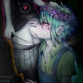 2boys aqua_hair balls basil_(omori) blowjob blush colored_skin cum cum_in_mouth face_fucking femboy flower_in_hair gay girly hi_res holding_knife knife male male/male male_focus male_only multiple_boys multiple_males omori omori_(character) oral oral_sex overalls pale_skin penis red_eyes shorts tagme tank_top thighhighs white_skin yaoi