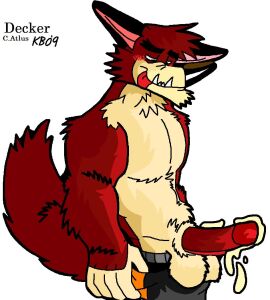00s 1boy 2009 5_fingers anthro atlus balls canid canine canis cum dated decker_(go!_go!_hypergrind) erection fur furry furry_only go!_go!_hypergrind male male_only muscular penis racthetmechanic red_fur simple_background solo video_games white_background wolf
