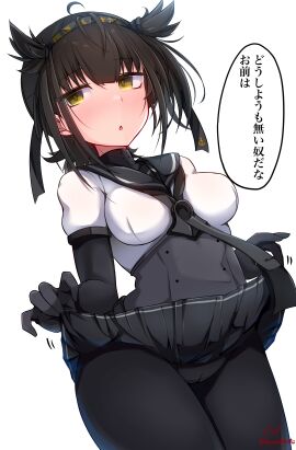 1girls absurdres ahoge artist_name baileys_(tranquillity650) black_bodysuit black_hair black_headband black_neckerchief black_sailor_collar black_skirt blush bodysuit breasts clothes_writing cowboy_shot female female_only hachimaki hair_flaps hatsuzuki_(kantai_collection) headband highres kantai_collection lifted_by_self medium_breasts neckerchief parted_lips pleated_skirt sailor_collar school_uniform serafuku short_hair short_sleeves signature simple_background skirt skirt_lift solo solo_female speech_bubble translated twitter_username white_background yellow_eyes