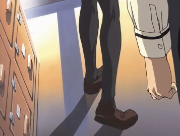 00s 1boy 1girls 2001 animated anime_screenshot bible_black bible_black_night_of_the_walpulgiss black_thighhighs bow bowtie breasts brown_hair female green_eyes hair_ornament imari_kurumi large_breasts long_hair minase_taki necktie red_bow red_bowtie red_skirt school_uniform shirt shoes short_hair side_ponytail skirt socks sunset tagme thighhighs