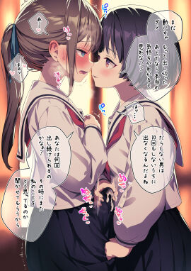 1futa 1girls absurdres ayanakitori big_penis black_hair blue_eyes blush breasts brown_hair bulge clothed clothing crotch_grab cum cum_on_clothes cum_on_skirt dialogue duo erection erection_under_clothes eye_contact female fully_clothed futa_on_female futa_with_female futanari handjob handjob_over_clothes highres human imminent_kiss intersex japanese_text light-skinned_female light-skinned_futa light_skin looking_at_another masturbation motion_lines multiple_females multiple_girls original penis red_eyes rolling_eyes sailor_collar school_uniform short_hair speech_bubble text translation_request