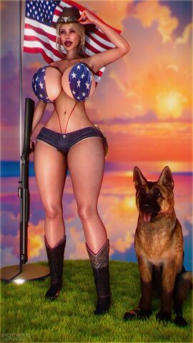1girls 2025 3d american_flag american_flag_bikini artist_name big_breasts big_lips bikini bimbo bimbo_body bimbo_lips blonde_hair blue_eyes boots booty_shorts breasts busty canine cowboy_boots cowboy_hat dog fake_breasts female female_only flag giant_breasts gun hat honeyboy3d human implants light-skinned_female light_skin lipstick non-nude original original_character self_upload shorts shotgun sling_bikini solo thick_lips thick_thighs