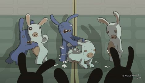 ambiguous_gender anal anthro ass bbc_(big_blue_cock) bodily_fluids bronzebadger bruised cum cum_on_ass cum_on_body cum_on_butt doggy_style duo ear_pull ears_back exhibitionism fight from_behind_position genital_fluids group hi_res lagomorph male male/male mammal onomatopoeia open_mouth orgasm orgasm_face pivoted_ears public public_sex rabbid rabbids_invasion_(series) racism racist raving_rabbids rayman_(series) rough_sex sex simple_background sound_effects sweat text thrusting ubisoft