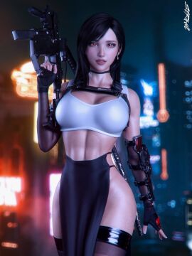 1girls 3d 3d_(artwork) abs armwear black_hair breasts choker depth_of_field earrings elbow_gloves fanart female female_only final_fantasy final_fantasy_vii final_fantasy_vii_remake fingerless_gloves futuristic_clothing gloves glowing_eyes gun holding_object holding_weapon katana large_breasts long_hair looking_at_viewer muscular muscular_female red_eyes sci-fi science_fiction solo standing stockings str4hl submachine_gun thighhighs tifa_lockhart