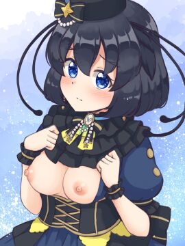 antennae bird_girl bird_wings black_hair blue_eyes blush bow bowtie breasts female gradient_bow hair_between_eyes hat head_wings highres kemono_friends looking_at_viewer medium_breasts multicolored_bow multicolored_bowtie nipples open_clothes open_shirt shiraha_maru short_hair smile tail western_parotia_(kemono_friends) wings