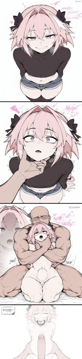 2boys anal asphyxiation astolfo_(fate) astolfo_(saber)_(fate) astolfo_monster_cosplay_(meme) black_bow black_shirt blush bow braid bulge comic crop_top dark-skinned_male dark_skin denim_shorts english_text erection fate/extra fate/grand_order fate/stay_night fate/zero fate_(series) femboy feminine_male feminization hair_between_eyes hair_intakes hairbow heart heart-shaped_pupils korean_text long_hair long_sleeves male male_focus male_only midriff multicolored_hair multiple_boys muscular navel nipples nude oerba_yun_fang open_mouth otoko_no_ko penis penis_size_difference pink_hair purple_eyes sex sex_from_behind shirt short_shorts shorts sissy sitting skin_fang smile speech_bubble stomach_bulge strangling streaked_hair sweat symbol-shaped_pupils thighhighs trap twink white_background white_hair yaoi