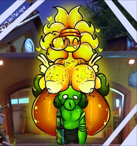 2024 artist_name artist_signature big_breasts blush breasts breasts_on_head closed_eyes clothed_male_nude_female cute cute_expression dj_arts double_peace_sign exposed_breasts eyelashes female freckles freckles_on_breasts freckles_on_face freckles_on_thighs game_background glowing glowing_hair glowing_nipples headband heart jack_(dj_arts) male nipples nude nude_female peace_sign peashooter_(pvz) plant_girl plants_vs_zombies sharp_eyelashes shiny_skin sunflower_(pvz) sunflower_queen_(pvz) sunny_(dj_arts) thick_thighs thighs thighs_bigger_than_head tongue tongue_out under_breasts wide_hips